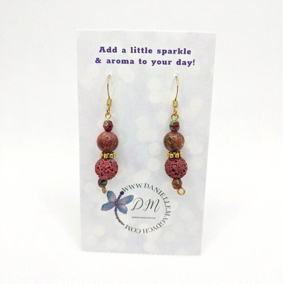 NEW Diffuser Beaded Gemstone Earrings Red Gold Tone Artisan Bohemian Earthy - Picture 1 of 12